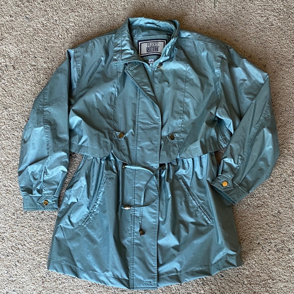 Vintage Fleet Street Teal Shimmer Trench Coat 80s Cinch Waist Jacket